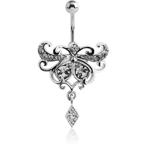 RHODIUM PLATED BRASS TRIBLE JEWELLED NAVEL BANANA WITH DANGLING CHARM - RHOMBUS