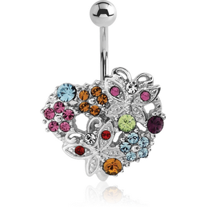 RHODIUM PLATED BRASS JEWELLED NAVEL BANANA - HEART WITH BUTTERFLIES