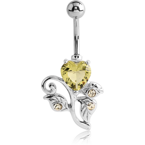 RHODIUM PLATED BRASS CRYSTALINE JEWELLED NAVEL BANANA - HEART FLOWER