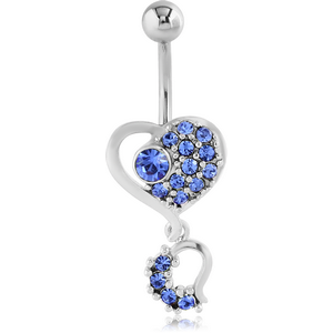 RHODIUM PLATED BRASS JEWELLED HEART NAVEL BANANA WITH DANGLING CHARM - HEART