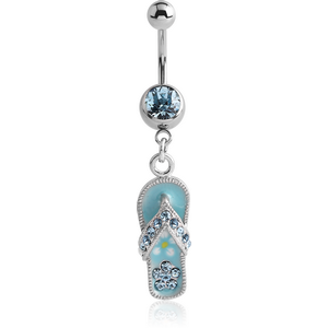 SURGICAL STEEL JEWELLED NAVEL BANANA WITH DANGLING ENAMEL CHARM - SANDAL