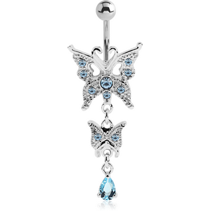 RHODIUM PLATED BRASS JEWELLED NAVEL BANANA WITH DANGLING CHARM - BUTTERFLY
