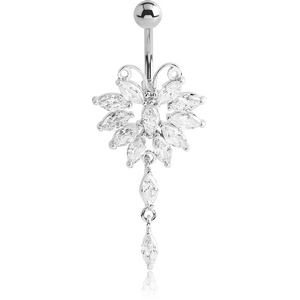 RHODIUM PLATED BRASS JEWELLED NAVEL BANANA WITH DANGLING CHARM - BUTTERFLY