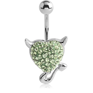 RHODIUM PLATED BRASS CRYSTALINE JEWELLED NAVEL BANANA - DEVIL HEART