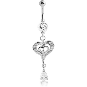 RHODIUM PLATED BRASS JEWELLED NAVEL BANANA WITH DANGLING CHARM - HEART