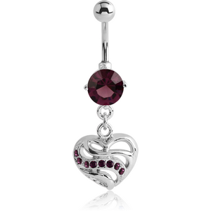 RHODIUM PLATED BRASS JEWELLED NAVEL BANANA WITH DANGLING CHARM - HEART
