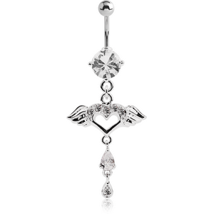 RHODIUM PLATED BRASS JEWELLED NAVEL BANANA WITH DANGLING CHARM - WINGED HEART
