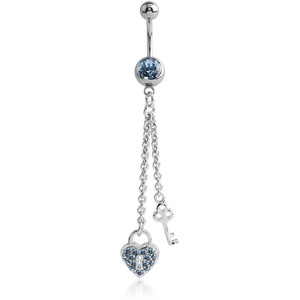 RHODIUM PLATED BRASS JEWELLED NAVEL BANANA WITH DANGLING CHARM - HEART LOCK KEY