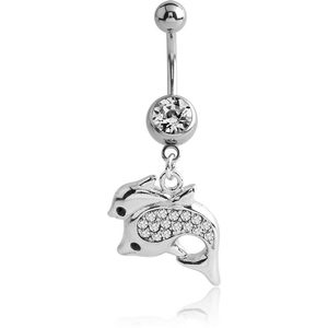 RHODIUM PLATED BRASS JEWELLED NAVEL BANANA WITH DANGLING CHARM - DOLPHINS