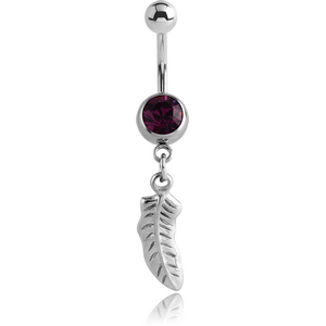 RHODIUM PLATED BRASS JEWELLED NAVEL BANANA WITH DANGLING CHARM - FEATHER