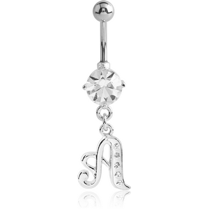 RHODIUM PLATED BRASS PRONG SET JEWELLED NAVEL BANANA WITH CRYSTALINE DANGLING CHARM - A