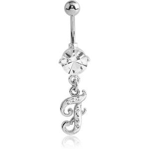 RHODIUM PLATED BRASS PRONG SET JEWELLED NAVEL BANANA WITH CRYSTALINE DANGLING CHARM - F