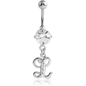 RHODIUM PLATED BRASS PRONG SET JEWELLED NAVEL BANANA WITH CRYSTALINE DANGLING CHARM - L