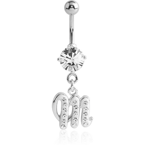 RHODIUM PLATED BRASS PRONG SET JEWELLED NAVEL BANANA WITH CRYSTALINE DANGLING CHARM - M