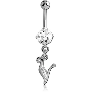 RHODIUM PLATED BRASS PRONG SET JEWELLED NAVEL BANANA WITH CRYSTALINE DANGLING CHARM - V