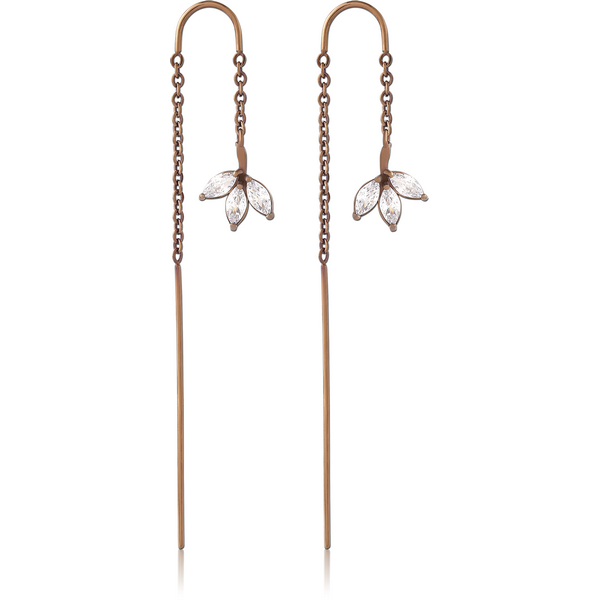 COFFEE PVD COATED SURGICAL STEEL CHAIN JEWELLED EARRINGS PAIR - LEAF