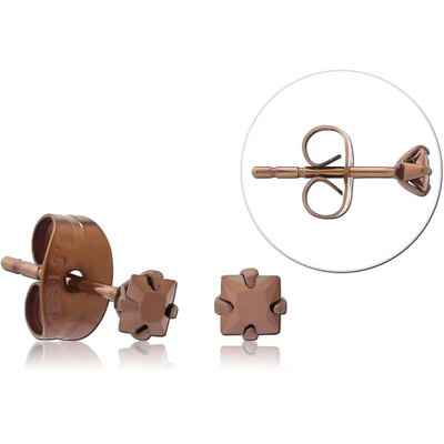 COFFEE PVD COATED SURGICAL STEEL SQUARE PRONG SET JEWELLED EAR STUDS PAIR