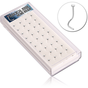 BOX OF 40 SURGICAL STEEL FLAT JEWELLED CURVED NOSE STUDS