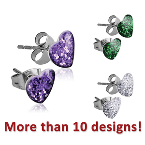 SURGICAL STEEL HEART CUP GLITTERLINE EAR STUDS PAIR