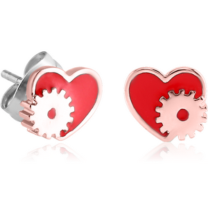COPPER EAR STUDS PAIR WITH ENAMEL - HEART STEAMPUNK