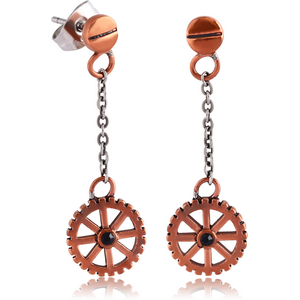 COPPER JEWELLED EAR STUDS PAIR - DANGLING STEAMPUNK