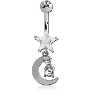 RHODIUM PLATED DOUBLE JEWELLED STAR FASHION NAVEL BANANA WITH MOON CHARM