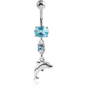 RHODIUM PLATED JEWELLED FASHION NAVEL BANANA WITH DOLPHIN DANGLING CHARM
