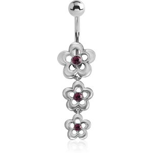 RHODIUM PLATED JEWELLED FLOWER FASHION DANGLE NAVEL BANANA