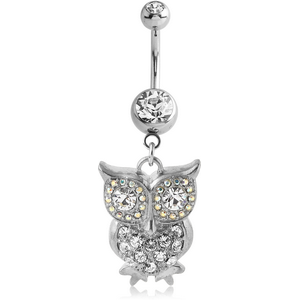 RHODIUM PLATED DOUBLE JEWELLED NAVEL BANANA WITH OWL CHARM