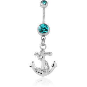RHODIUM PLATED DOUBLE JEWELLED NAVEL BANANA WITH ANCHOR CHARM