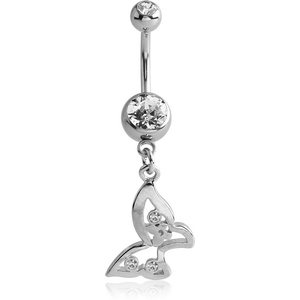 RHODIUM PLATED DOUBLE JEWELLED NAVEL BANANA WITH BUTTERFLY CHARM