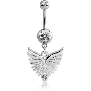 RHODIUM PLATED DOUBLE JEWELLED NAVEL BANANA WITH WINGS CHARM
