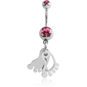 RHODIUM PLATED DOUBLE JEWELLED NAVEL BANANA WITH DANGLING CHARM - FOOT SHADOW
