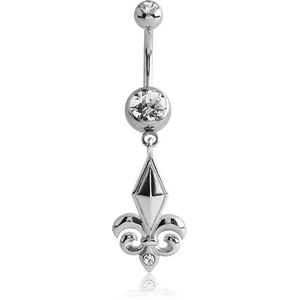 RHODIUM PLATED DOUBLE JEWELLED NAVEL BANANA WITH FLEUR DE LIS CHARM