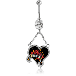 RHODIUM PLATED DOUBLE JEWELLED NAVEL BANANA WITH HEART PICTURE CHARM