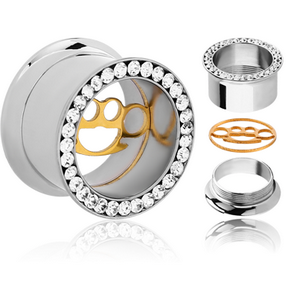 STAINLESS STEEL DOUBLE FLARED THREADED JEWELLED TUNNEL WITH REMOVABLE BRASS KNUCKLES
