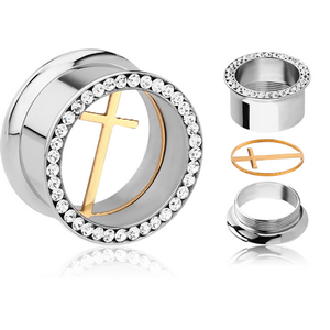 STAINLESS STEEL DOUBLE FLARED THREADED JEWELLED TUNNEL WITH REMOVABLE CROSS