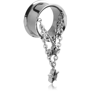 SURGICAL STEEL DOUBLE FLARED TUNNEL WITH CHAIN AND JEWELLED STARS CHARMS