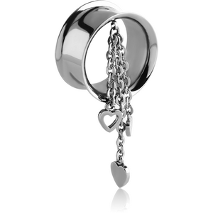 SURGICAL STEEL DOUBLE FLARED TUNNEL WITH CHAIN HEART CHARMS