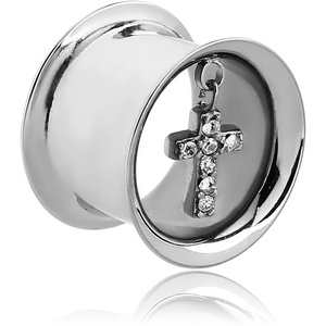 SURGICAL STEEL DOUBLE FLARED TUNNEL WITH CROSS CHARMS