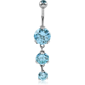 SURGICAL STEEL TRIPLE ROUND CZ DOUBLE JEWELLED DANGLE NAVEL BANANA