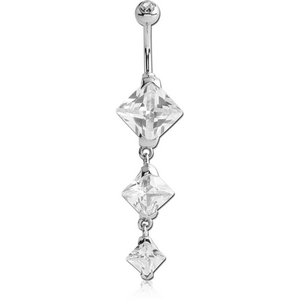 SURGICAL STEEL TRIPLE SQUARE CZ DOUBLE JEWELLED DANGLE NAVEL BANANA