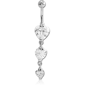 SURGICAL STEEL TRIPLE HEART CZ DOUBLE JEWELLED DANGLE NAVEL BANANA