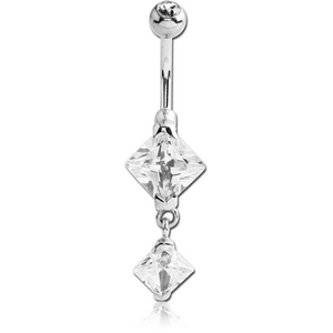 SURGICAL STEEL TRIPLE HEART CZ DOUBLE JEWELED DANGLE NAVEL BANANA