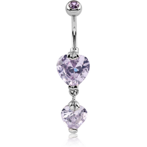 SURGICAL STEEL DOUBLE HEART CZ DOUBLE JEWELLED DANGLE NAVEL BANANA