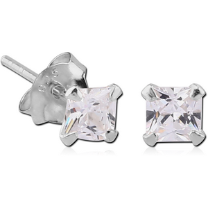 STERLING SILVER 925 JEWELLED PRONG SET SQUARE EAR STUDS PAIR