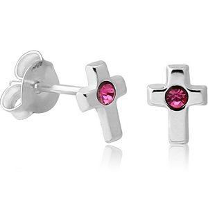 STERLING SILVER 925 JEWELLED CROSS EAR STUDS PAIR