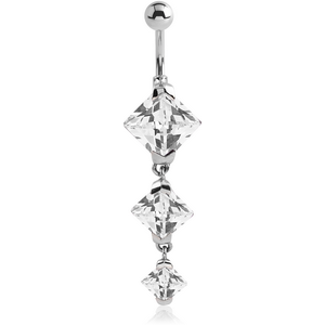 SURGICAL STEEL TRIPLE SQUARE CZ JEWELED DANGLE NAVEL BANANA