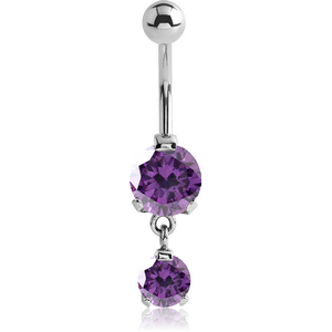 SURGICAL STEEL DOUBLE ROUND CZ JEWELLED WITH DANGLING NAVEL BANANA