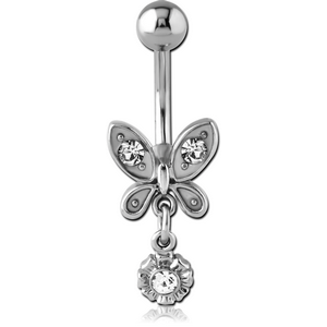 SURGICAL STEEL JEWELLED NAVEL BANANA - BUTTERFLY AND FLOWER